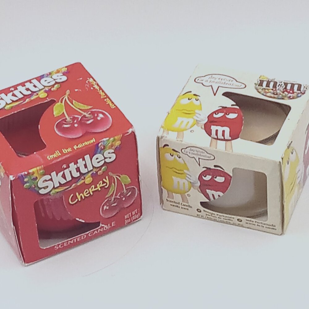 M &M SKITTLES Candy Scented Candles Glass Jar 3 OZ Cherry Vanilla Unused
